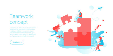 People putting puzzle together as business teamwork concept. Parthenrship or collaboration idea for corporate team building. Businessmen work together on marketing challenge. Website  vector template.