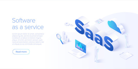 Saas isometric vector illustration. Software as service or on-demand concept background design. Cloud computing segment metaphor. Website banner layout template for webpage. © Graf Vishenka