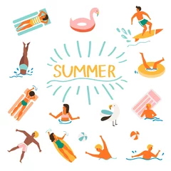 Foto op Canvas Set of vector cute summer icons: peoples swimming, flamingos, tropical flowers, ice cream, palm leaves, fruits and things for swimming at the beach . Bright summertime poster. © Наталья Кириллова