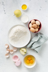 Baking food ingredients on a white background top view