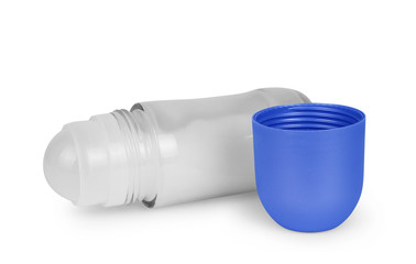 Roll-on deodorant with a blue lid open on a white background