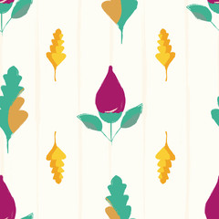 Modern hand drawn purple flower buds and multicolor leaves. Seamless vector pattern on subtle grunge striped background. Great for wellness, beauty products, stationery, kitchen, giftwrap