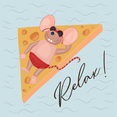 Christmas vector mouse card. Cartoon illustration with mice and cheese slice. Relax lettering.