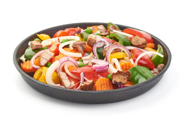 Grilled meat and vegetables BBQ, close-up, isolated on white background