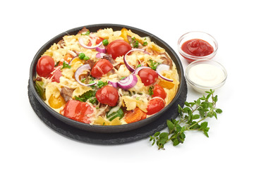 Farfalle Pasta Salad with Grilled Vegetables, close-up, isolated on white background