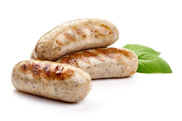 Grilled Munich Veal Sausages, close-up, isolated on white background