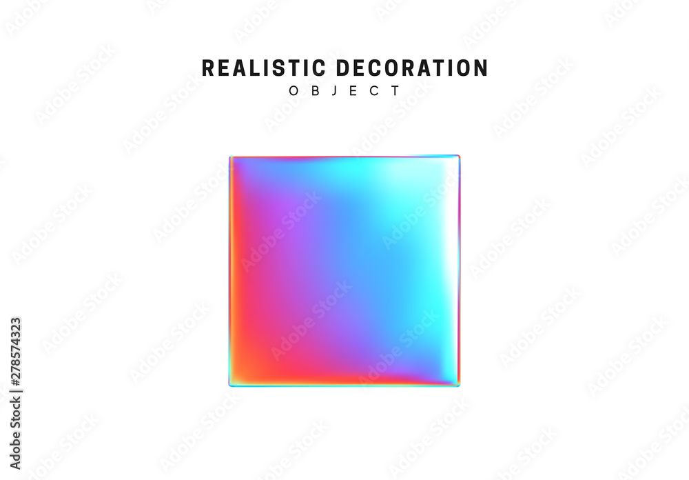 Poster square and cube. realistic shape 3d objects with gradient holographic color of hologram. decorative 