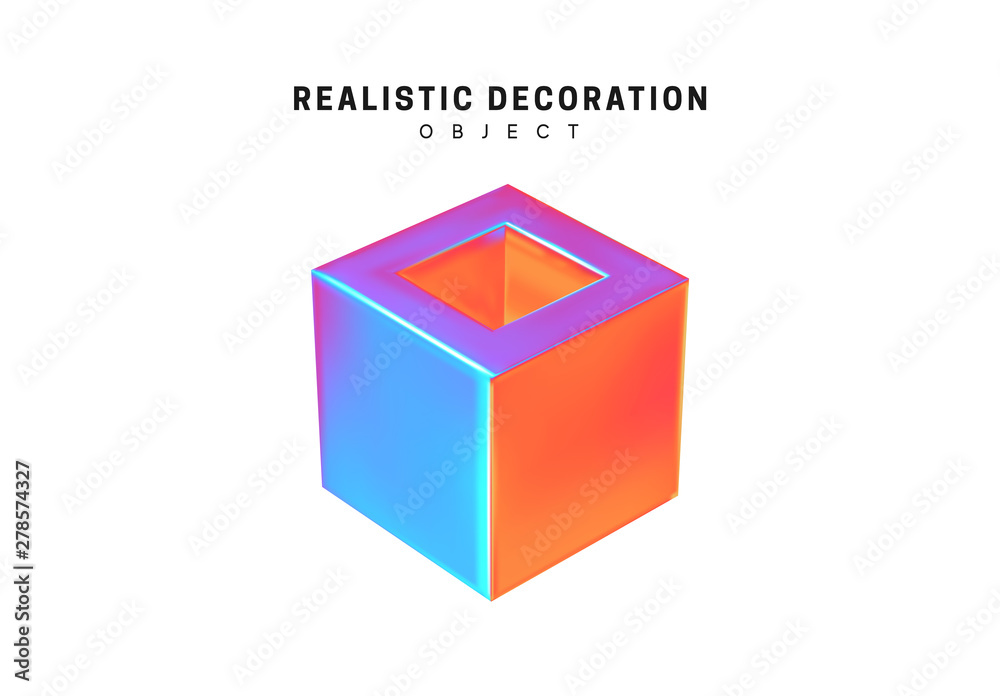 Poster square and cube. realistic shape 3d objects with gradient holographic color of hologram. decorative 