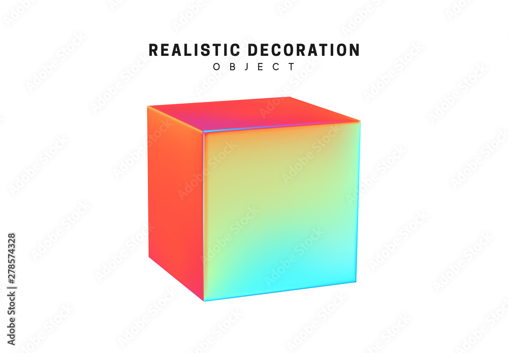 Poster square and cube. realistic shape 3d objects with gradient holographic color of hologram. decorative 