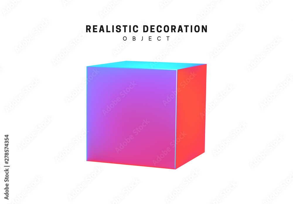 Poster square and cube. realistic shape 3d objects with gradient holographic color of hologram. decorative 