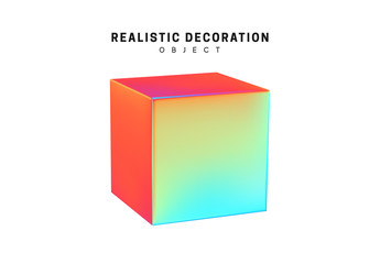 Square and cube. Realistic shape 3d objects with gradient holographic color of hologram. Decorative design elements isolated on white background. vector illustration