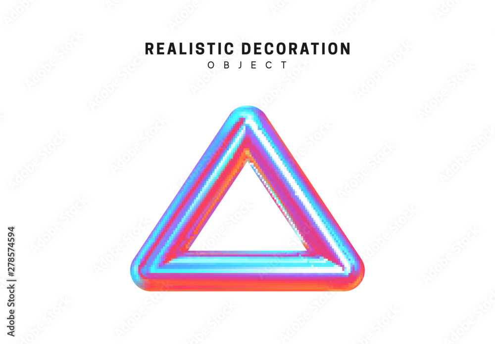 Poster triangle realistic shape 3d objects with gradient holographic color of hologram. geometric decorativ