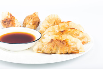 Japanese gyoza or dumplings snack with soy sauce