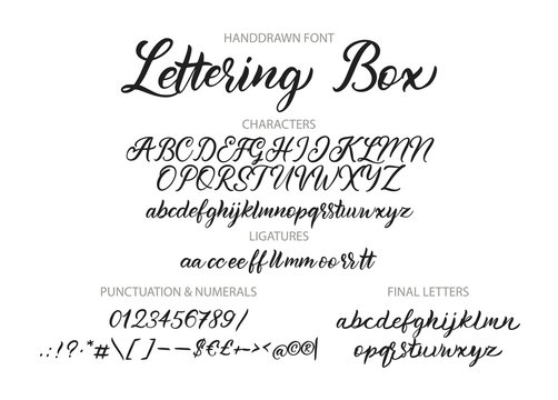 Cute hand drawn vector alphabet ABC font with letters, numbers, symbols. For calligraphy, lettering, hand made quotes.