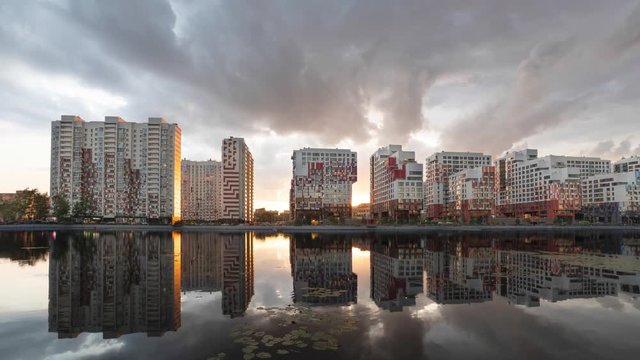 Moscow Russia. View of new modern residential buildings on sunset in Nagatinsky Zaton district