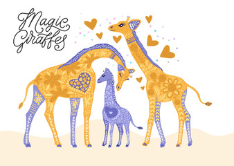 Cartoon giraffe vector flat illustration in scandinavian style. Magic giraffes family.