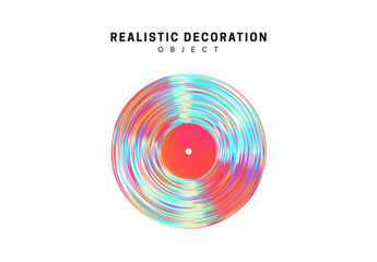 Flat Round music vinyl plate Realistic shape 3d objects with gradient holographic color of hologram