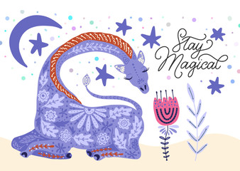 Cartoon giraffe vector flat illustration in scandinavian style. Magical african animal with lettering quote - stay magical.