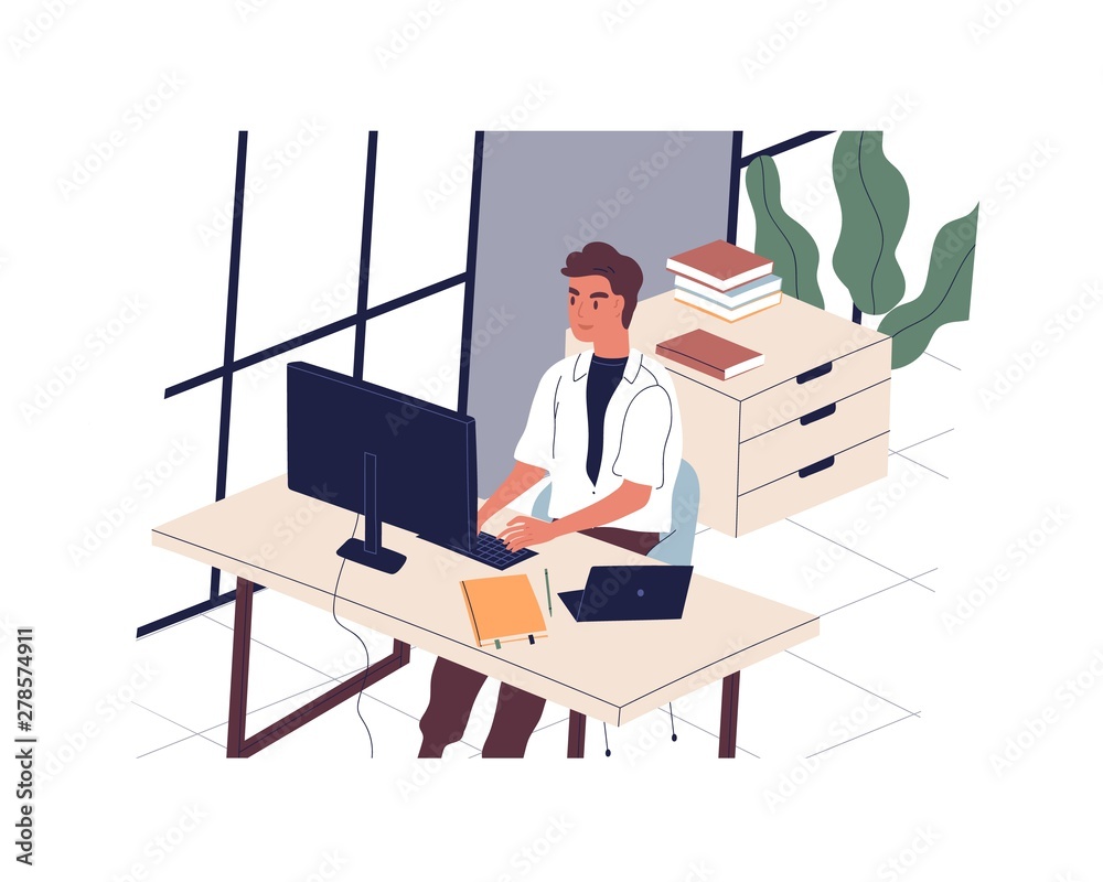 Poster smiling man sitting at desk and working on computer in modern office. male employee or clerk at work
