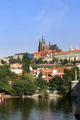 Fototapeta premium praha, rzeka, miasto, architektura, woda, Wełtawa, wieża, czeski, miasto, kościół, stary, budynek, pejzaż miejski, katedra, dom, widok, punkt orientacyjny,