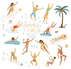 Set of vector cute summer icons: peoples swimming, tropical flowers, ice cream, palm leaves, fruits and things for swimming at the beach . Bright summertime poster.