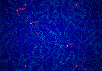 Vector Sea Depth Topographic Map With Route And Coordinates Conceptual User Interface Blue Abstract Background.