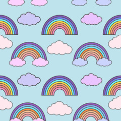 Rainbows in the sky Vector illustration Seamless pattern with clouds and cartoon rainbows on light blue background