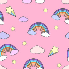 Vector seamless pattern with rainbows Illustration in cartoon style with rainbow, clouds, and stars on a pink background