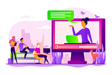 Futuristic school learning environment. On-demand webinar, lecturing. Online teaching, share your knowledge, English teacher online concept. Vector isolated concept creative illustration