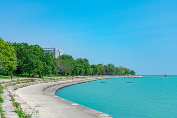 Lakefront Trail with Green Trees during Summer and Lake Michigan