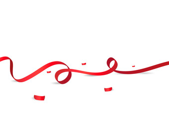 Red ribbons with confetti paper on floor, white background, celebrate, party, rewards, sales and promotion surprise vector