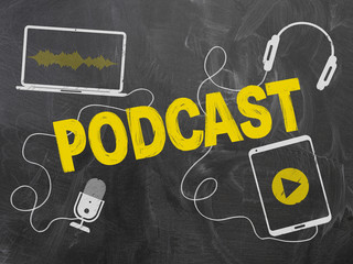 podcasting concept on blackboard or chalkboard with microphone and headphones