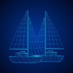 Yacht or sail boat. Luxury yacht race, sea sailing regatta concept. Wireframe low poly mesh vector illustration