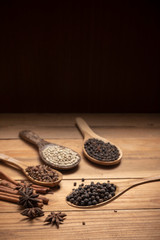 close up chille pepper in wooden spoon surround with spice powder on wooden table