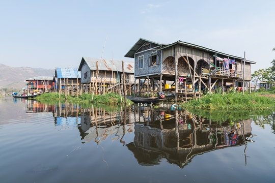 Traditional Burmese floating house on water in Inle lake, Myanmar