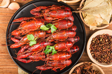 Crayfish. Red boiled crawfishes on table in rustic style,  Lobster closeup.