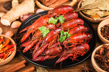 Crayfish. Red boiled crawfishes on table in rustic style,  Lobster closeup.