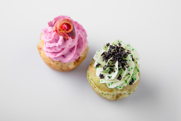 Canape with foie gras pate, turkeys, ducks, chicken. Beautifully decorated catering banquet menu. Food snacks and appetizers for buffet. Isolated on white background