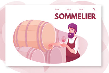 Sommelier landing page template. Man tasting wine from barrel vector illustration