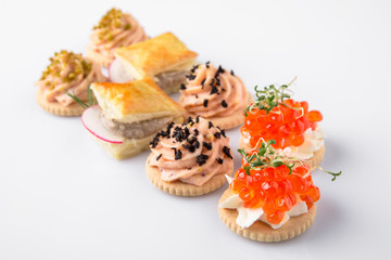 Assorted Canapes with Caviar and Pate. Beautifully decorated catering banquet menu. Food snacks and appetizers for buffet. Isolated on white background