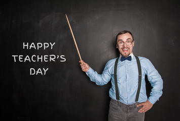 Funny teacher man with pointer. Happy teachers day