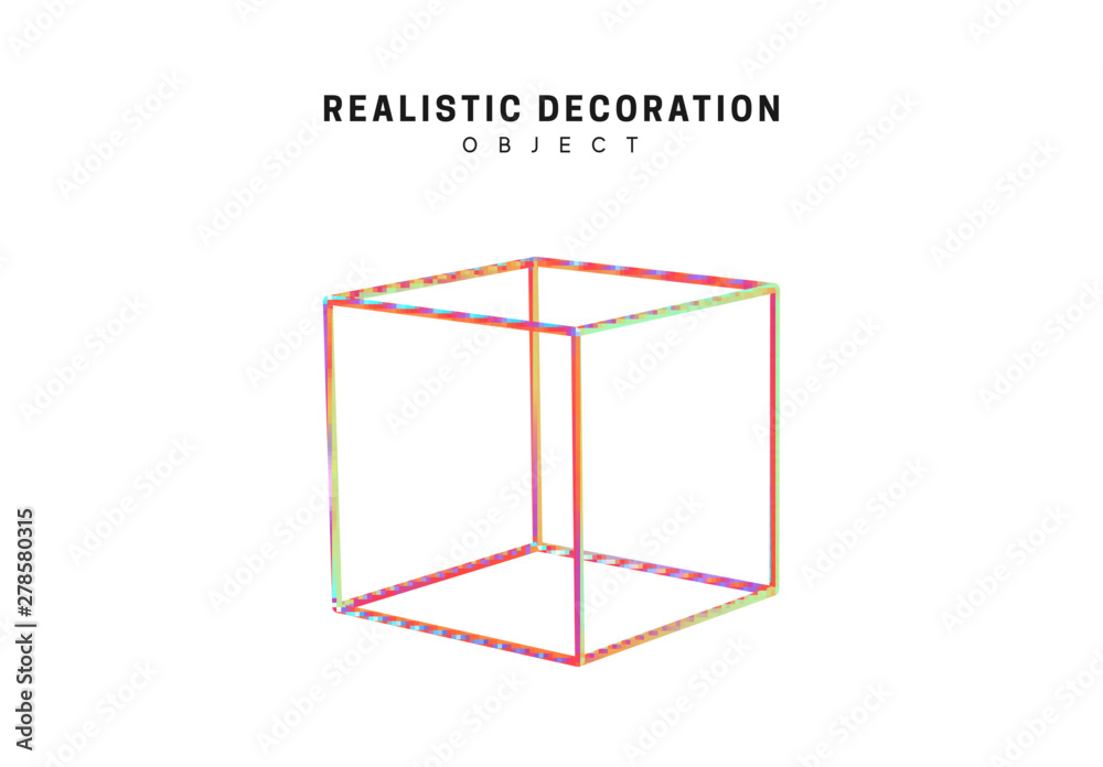 Poster shaped linear square, cube realistic shape 3d objects with gradient holographic color of hologram. g