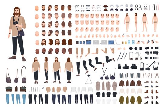 Photographer or photo journalist constructor kit or avatar generator set. Bundle of body parts, casual clothes, equipment. Male cartoon character. Front, side, back views. Flat vector illustration.