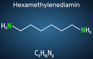 Naklejka premium Hexamethylenediamine diamine molecule. It is monomer for nylon. Structural chemical formula on the dark blue background