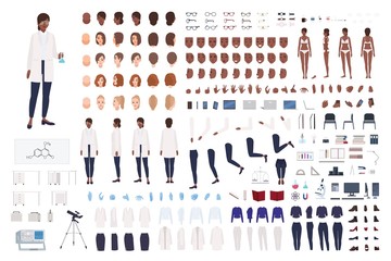 African American woman scientist or scientific worker constructor set or DIY kit. Collection of female body parts and lab equipment isolated on white background. Flat cartoon vector illustration. - obrazy, fototapety, plakaty