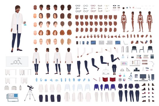 African American woman scientist or scientific worker constructor set or DIY kit. Collection of female body parts and lab equipment isolated on white background. Flat cartoon vector illustration.