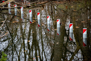 Row of striped poles in lake of Tiergarten park in Berlin Germany. Blurred reflection of bare tree silhouettes in pond water with floating yellow leaves. Red and white stripes on protection pillars.