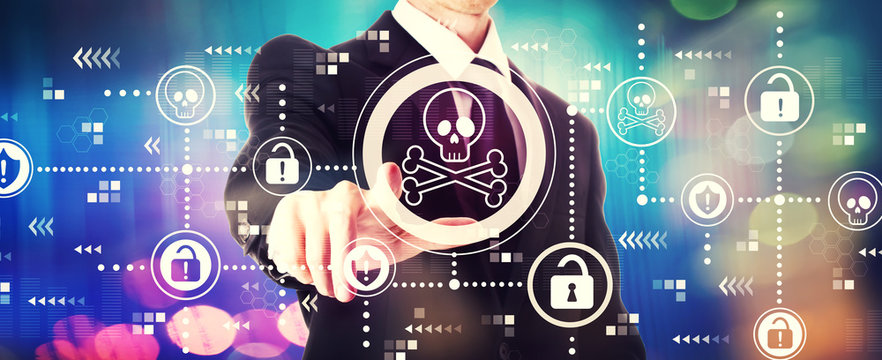 Virus and scam theme with a businessman on a shiny background