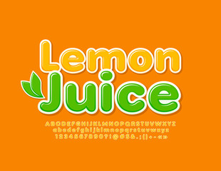 Vector bright emblem Lemon Juice with decorative leaves. Modern creative Font. Set of yellow Alphabet Letters, Numbers and Symbols