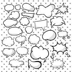 Set, collection of speech and think cartoon bubbles. Different empty doodle bubbles for texts. Variety forms. Vector illustration. Isolated on white background with circles
